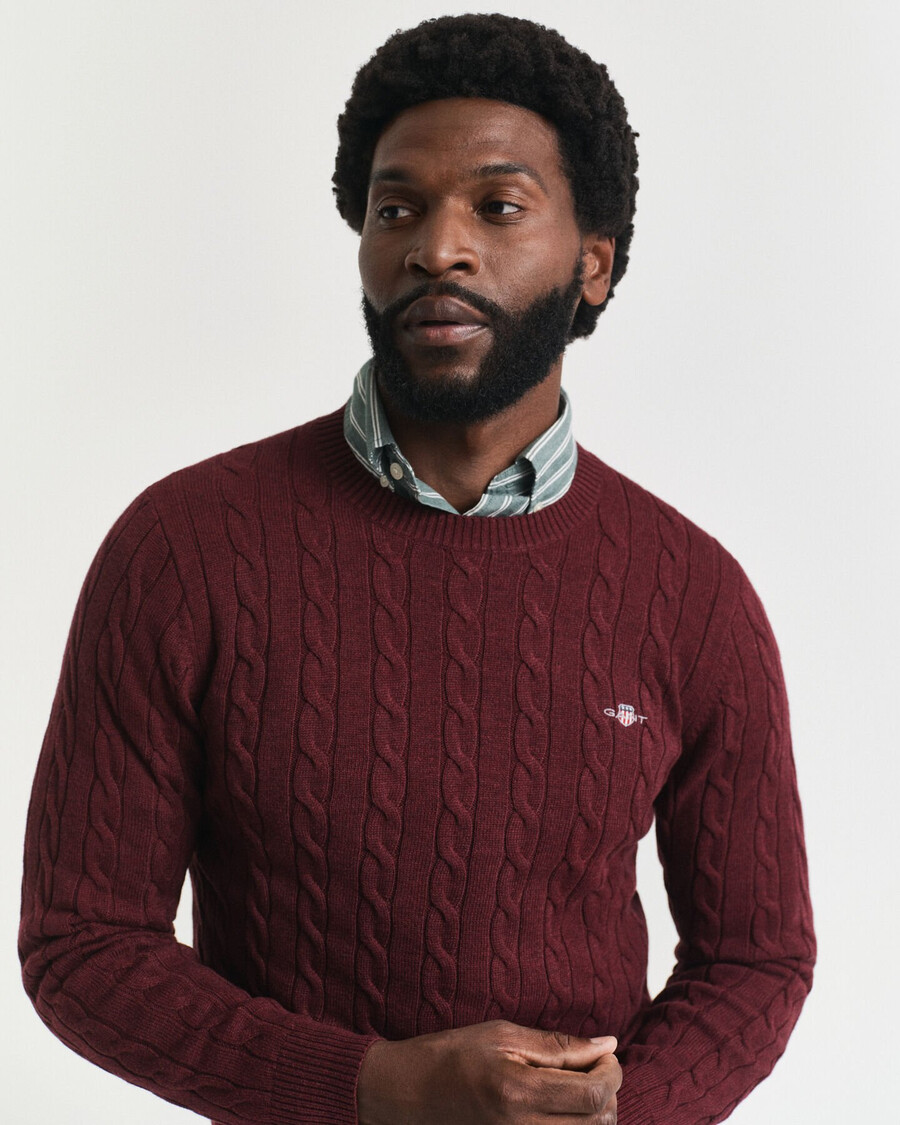cotton cable knit crew neck sweater - bordeaux melange