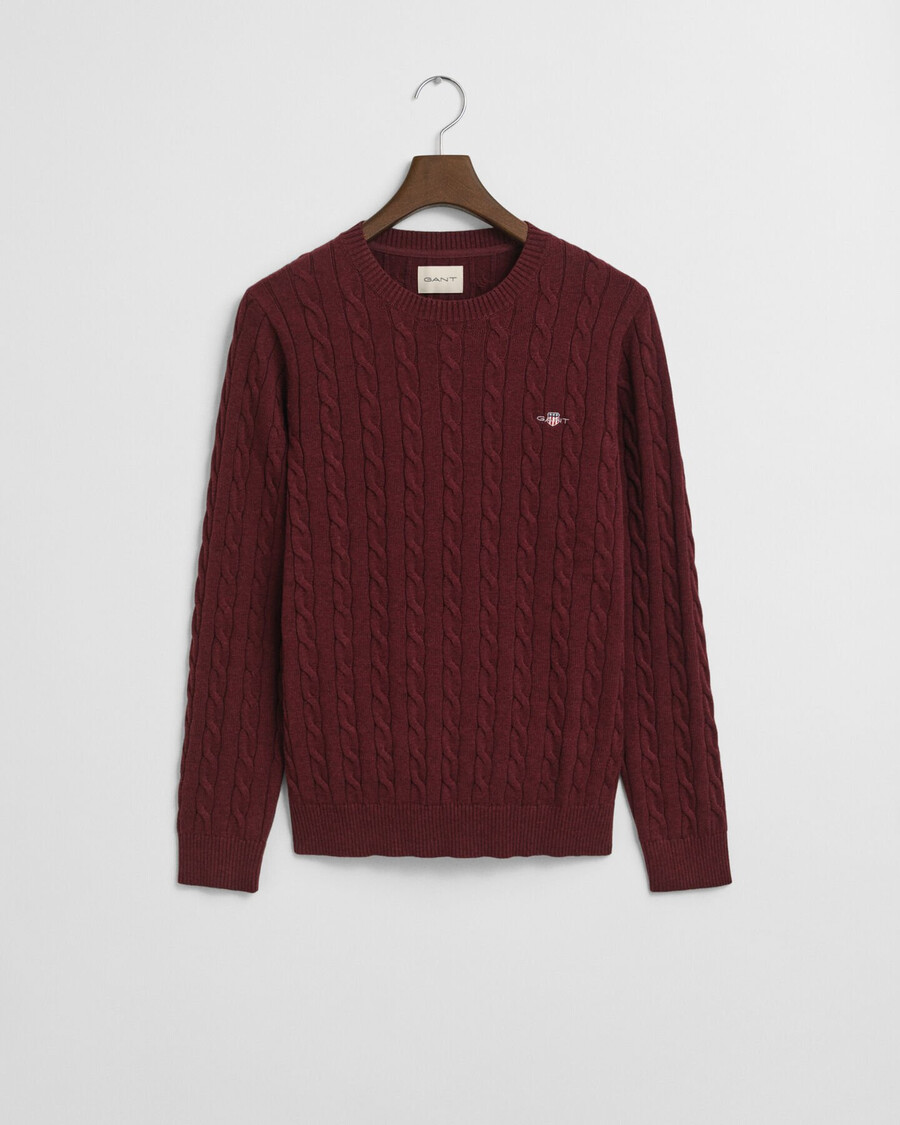 cotton cable knit crew neck sweater - bordeaux melange
