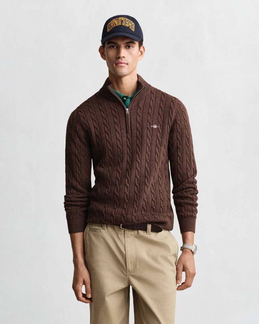 cotton cable knit halfzip sweater - brown melange