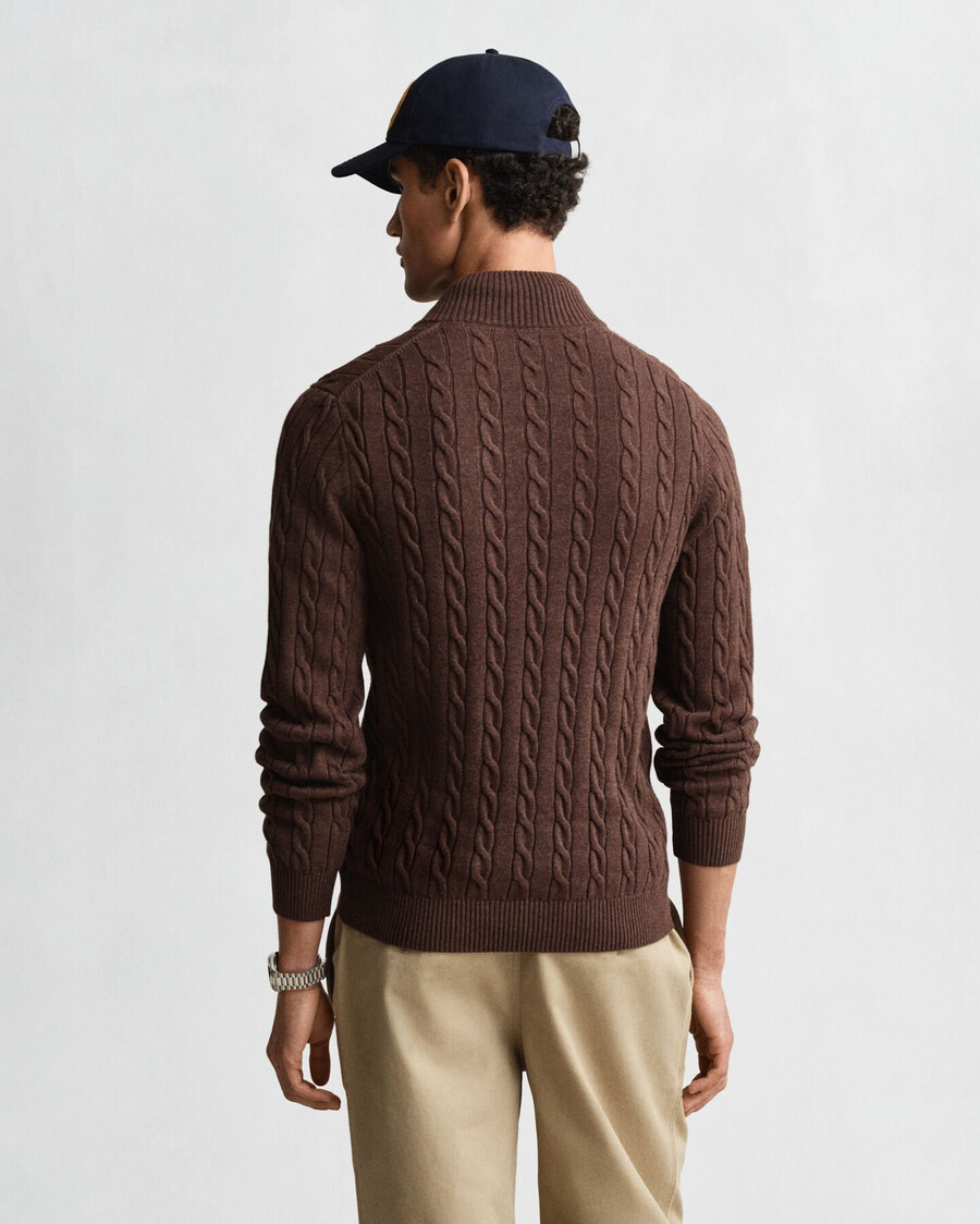 cotton cable knit halfzip sweater - brown melange