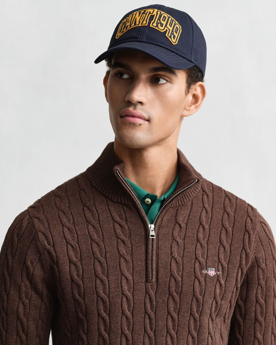 cotton cable knit halfzip sweater - brown melange