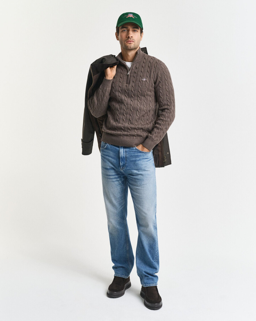 cotton cable knit halfzip sweater - seawood melange