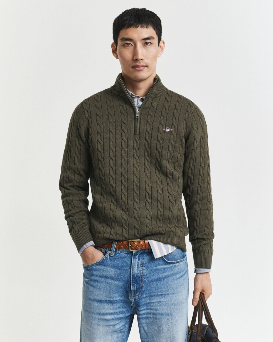 cotton cable knit halfzip sweater - khaki green melange