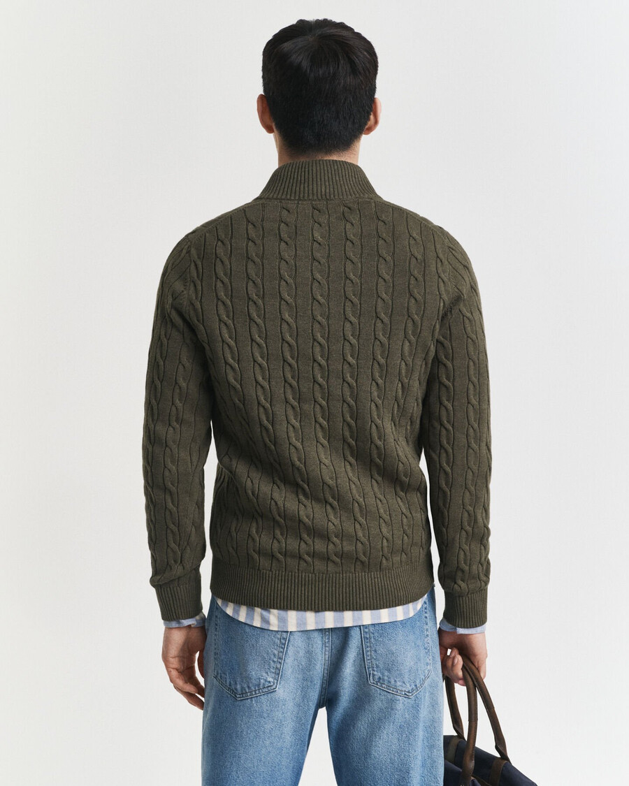 cotton cable knit halfzip sweater - khaki green melange