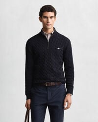 cotton cable knit halfzip sweater - evening blue