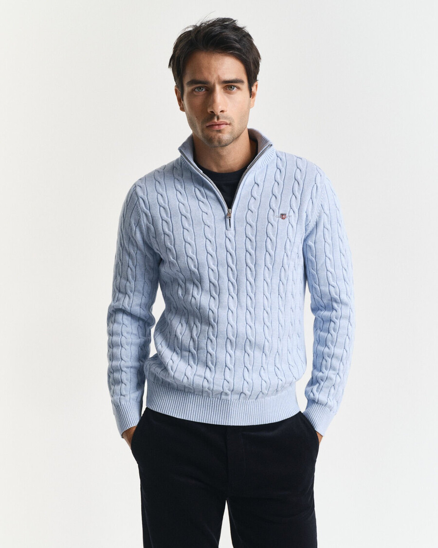 cotton cable knit halfzip sweater - ice blue melange