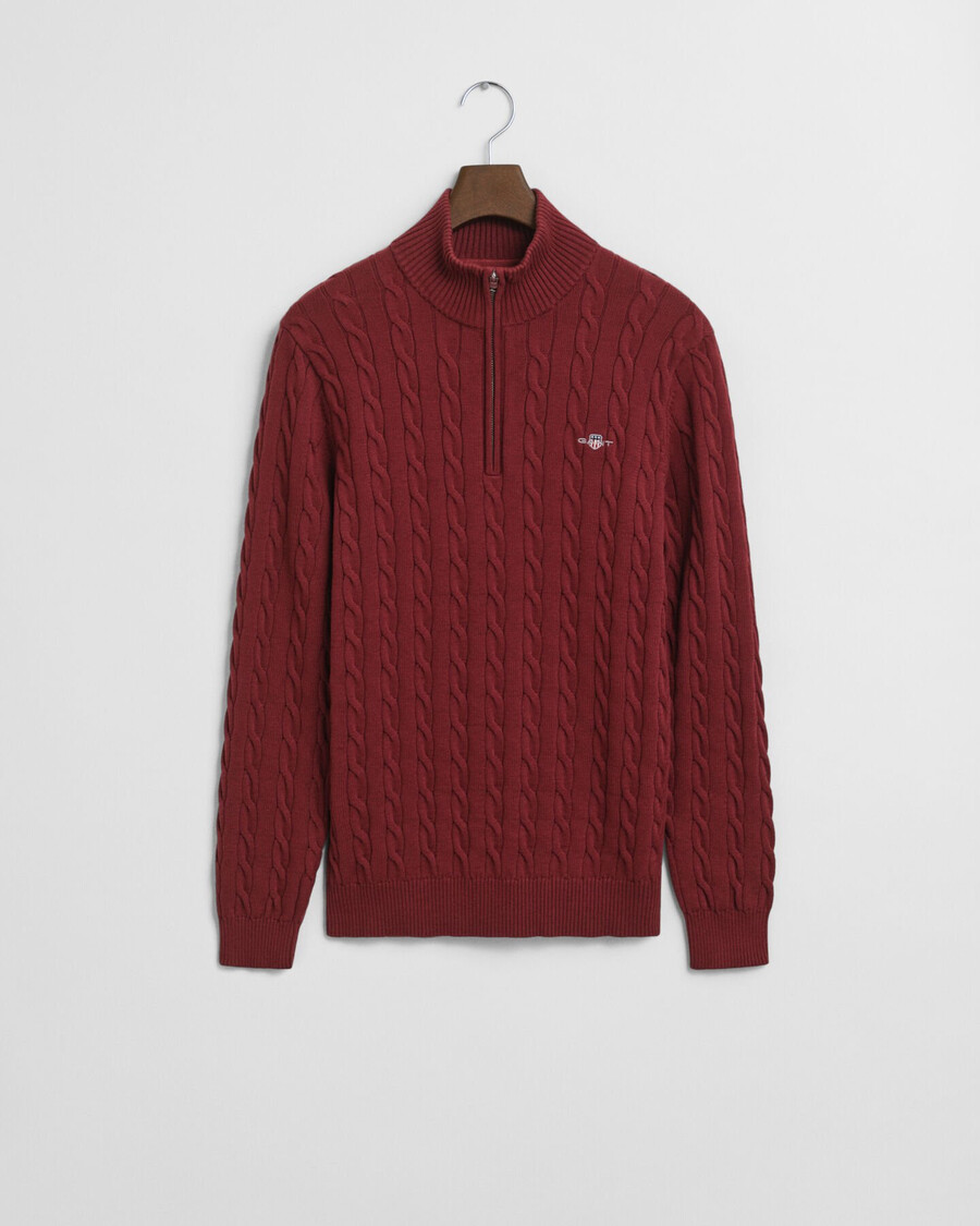 cotton cable knit halfzip sweater - plumped red