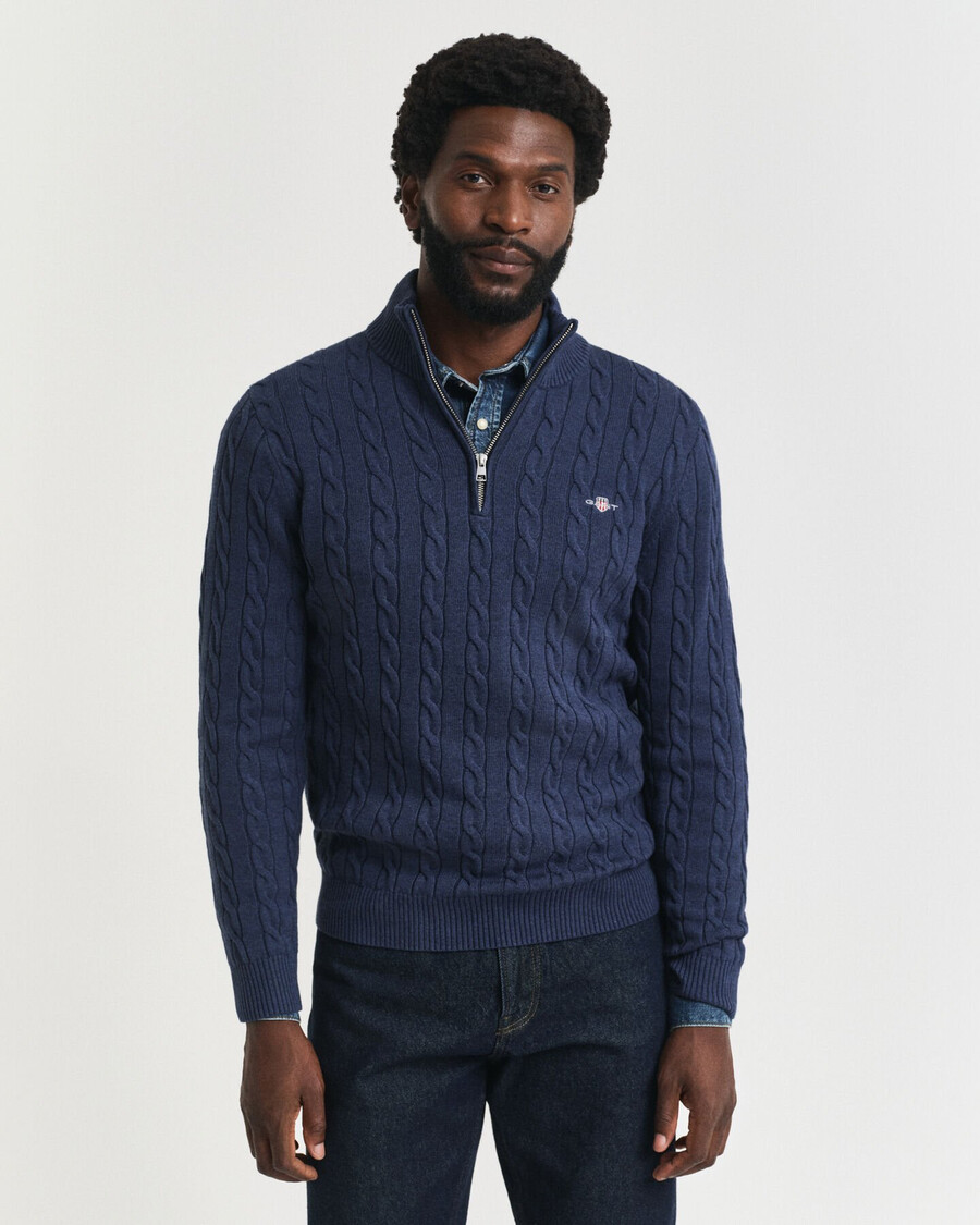cotton cable knit halfzip sweater - dk jeansblue melange