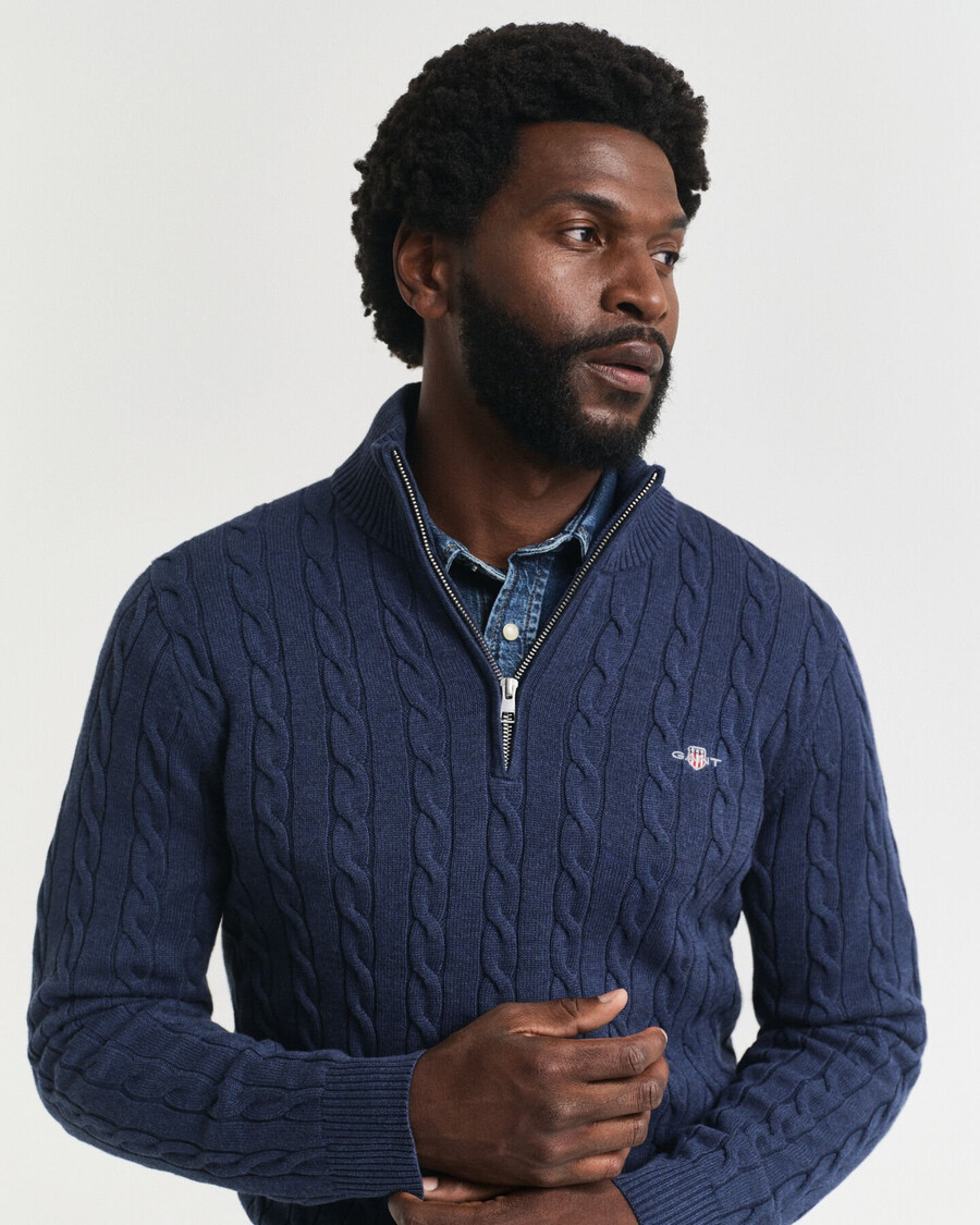 cotton cable knit halfzip sweater - dk jeansblue melange