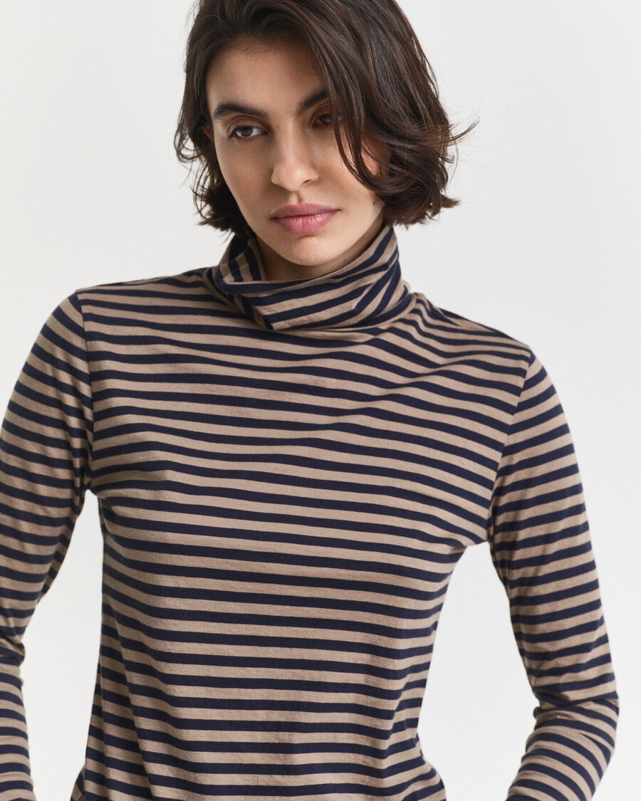 lightweight striped cotton turtleneck top - taupe beige