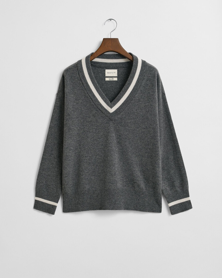 superfine lambswool contrast vneck sweater - charcoal melange