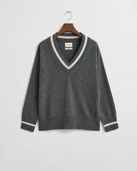 superfine lambswool contrast vneck sweater - charcoal melange