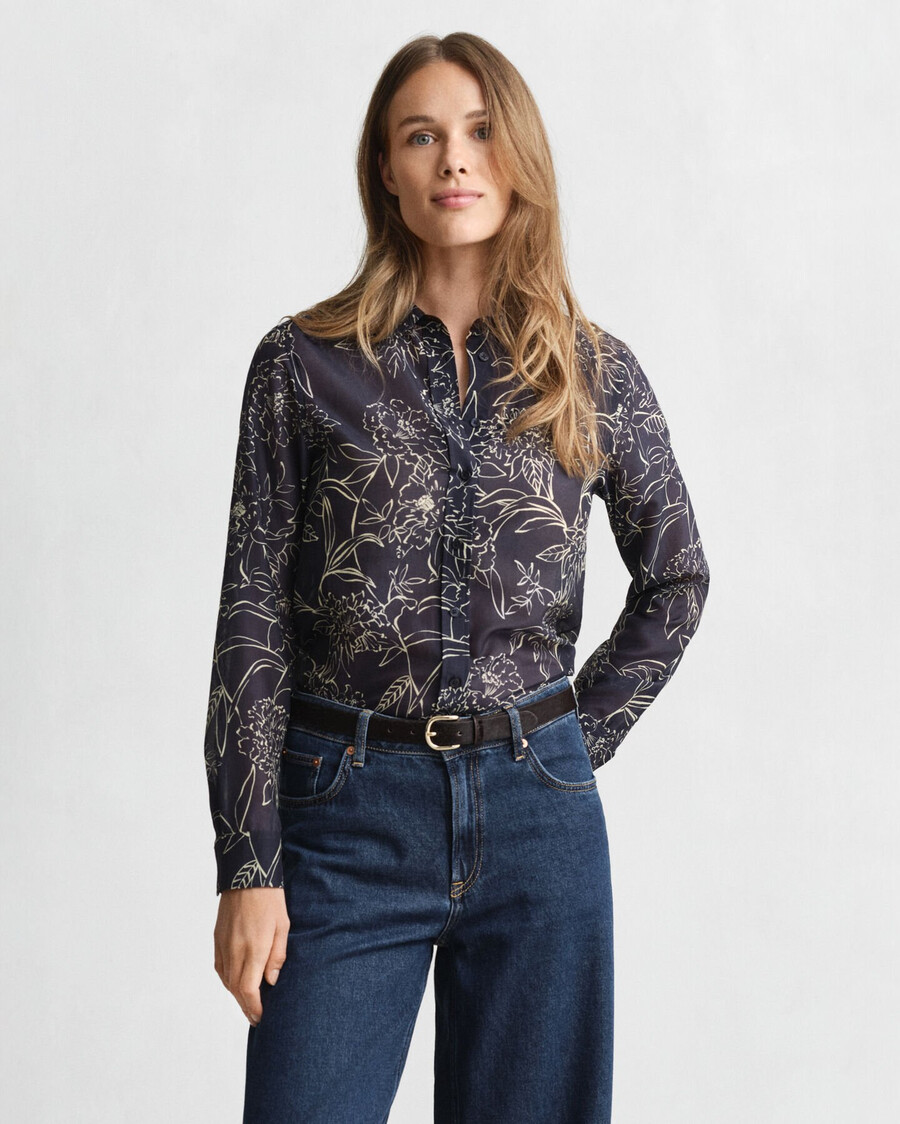 regular fit floral print cotton silk shirt - evening blue