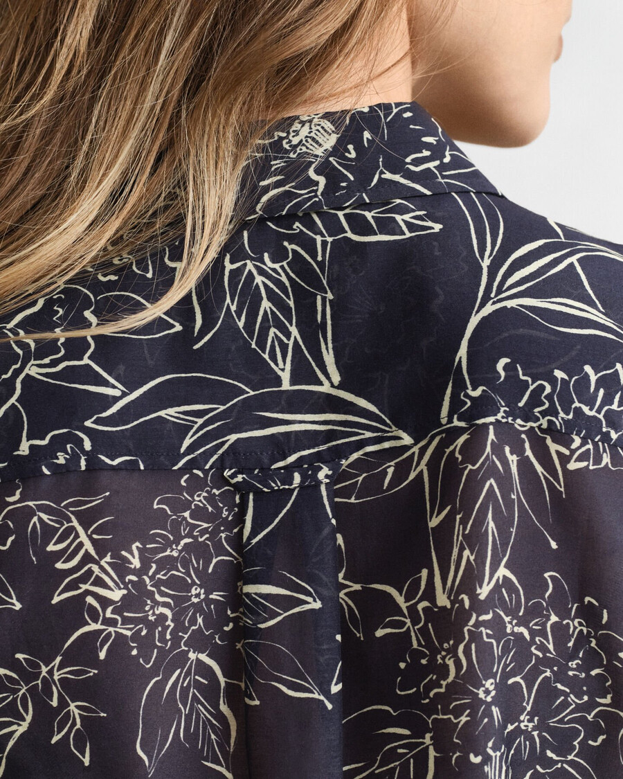 regular fit floral print cotton silk shirt - evening blue