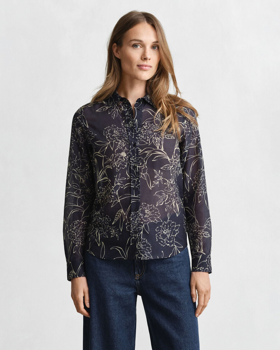 regular fit floral print cotton silk shirt - evening blue