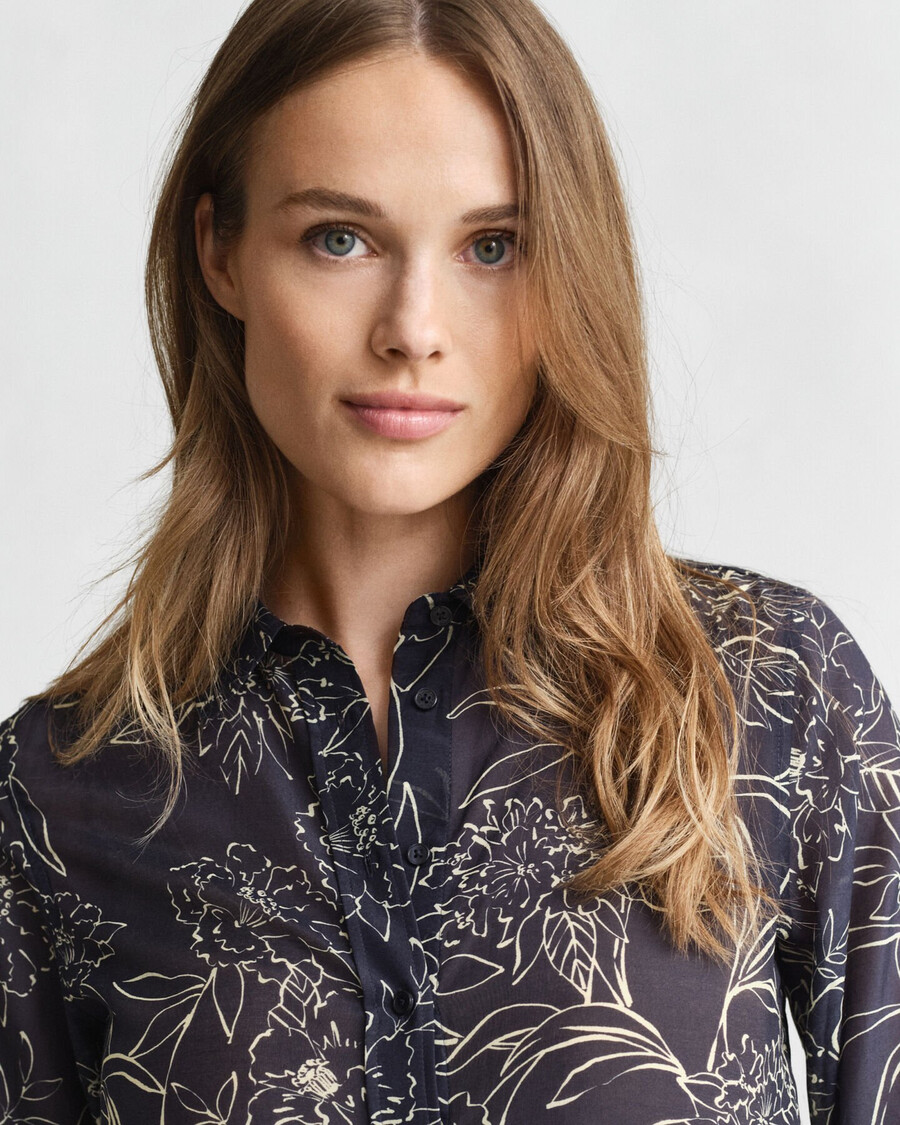 regular fit floral print cotton silk shirt - evening blue