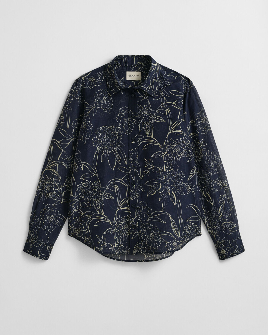 regular fit floral print cotton silk shirt - evening blue