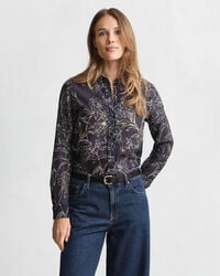 regular fit floral print cotton silk shirt - evening blue
