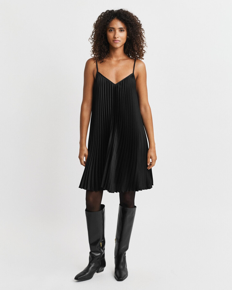 pleated sateen mini strap dress - black