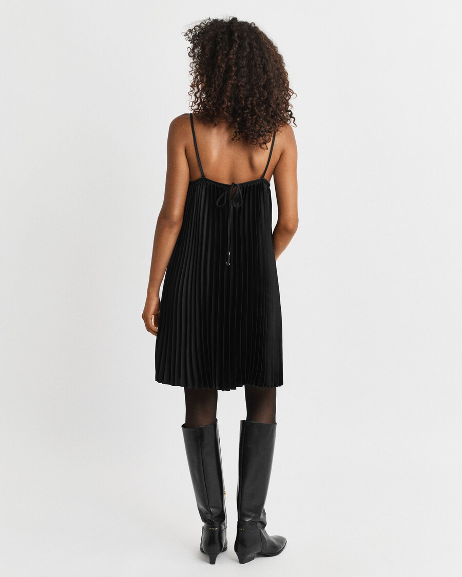 pleated sateen mini strap dress - black