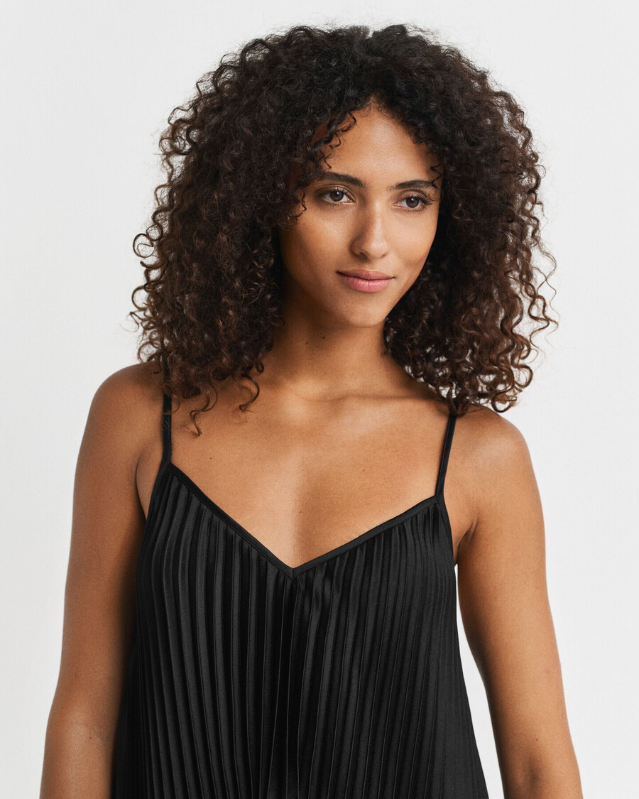 pleated sateen mini strap dress - black