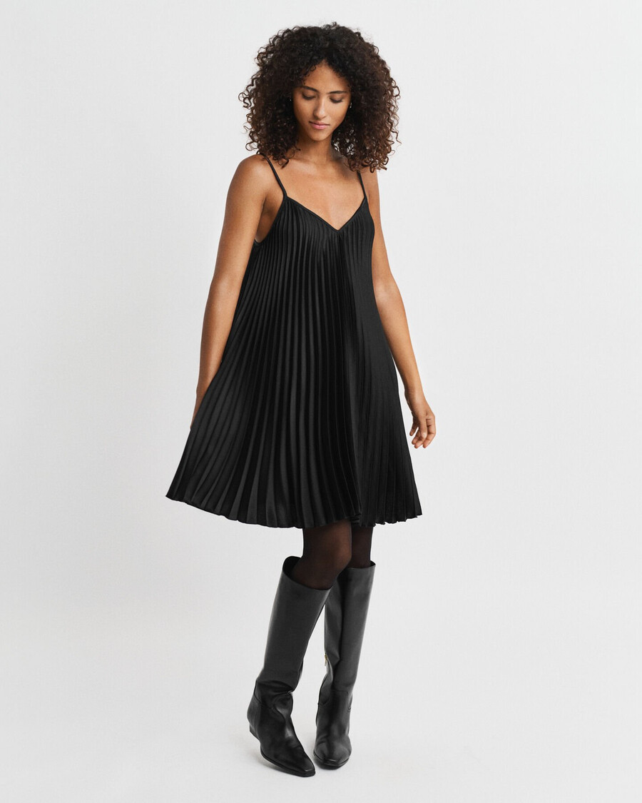 pleated sateen mini strap dress - black