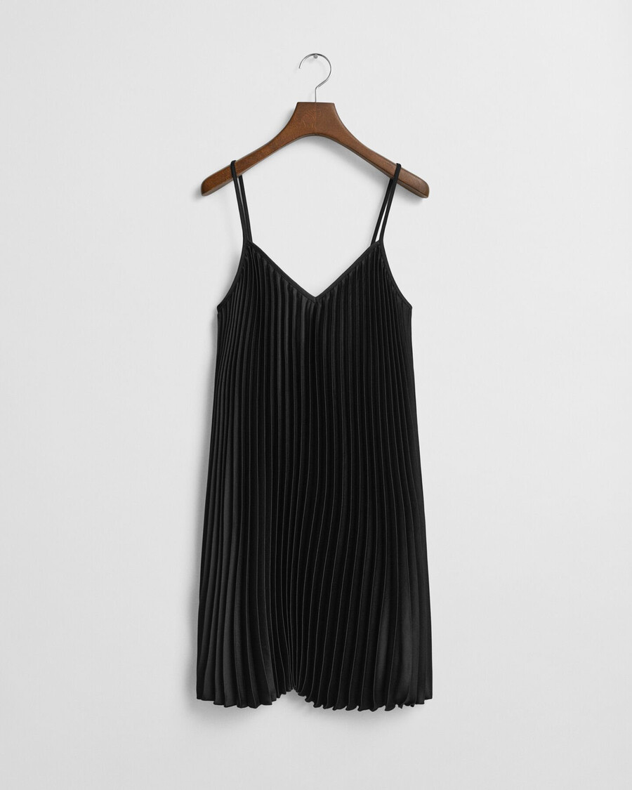 pleated sateen mini strap dress - black