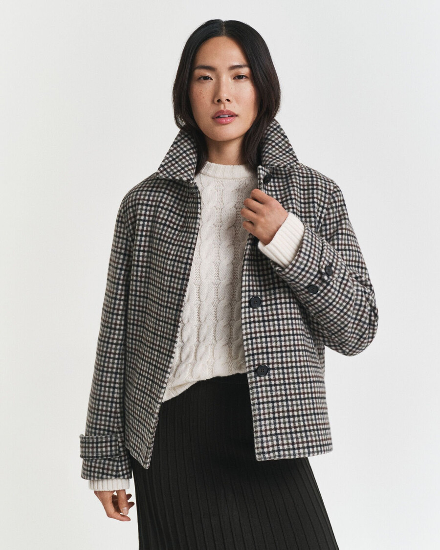 short checked wool blend car coat - putty