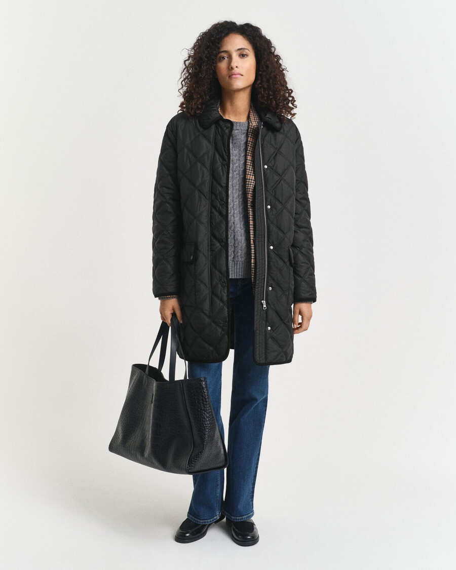 quilted corduroy trim coat - black