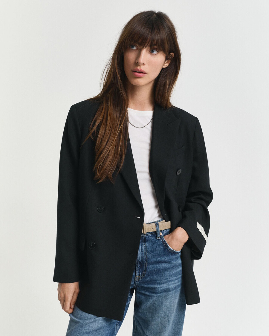 relaxed fit double breasted wool blend hopsack blazer - black