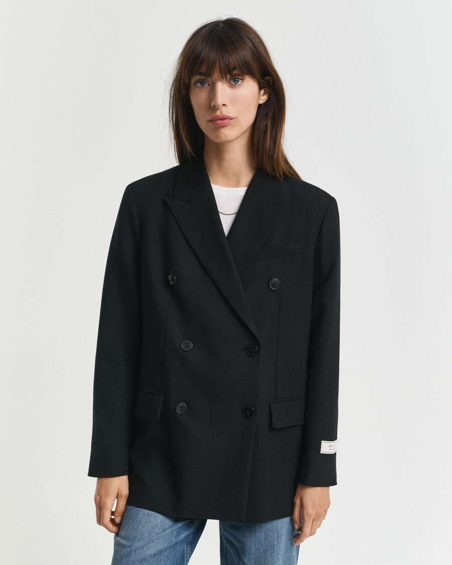 relaxed fit double breasted wool blend hopsack blazer - black