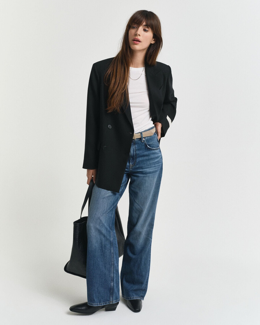 relaxed fit double breasted wool blend hopsack blazer - black
