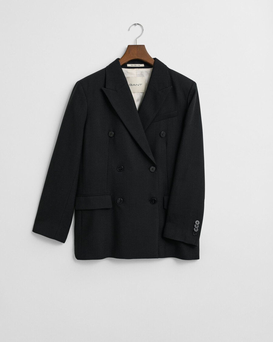 relaxed fit double breasted wool blend hopsack blazer - black