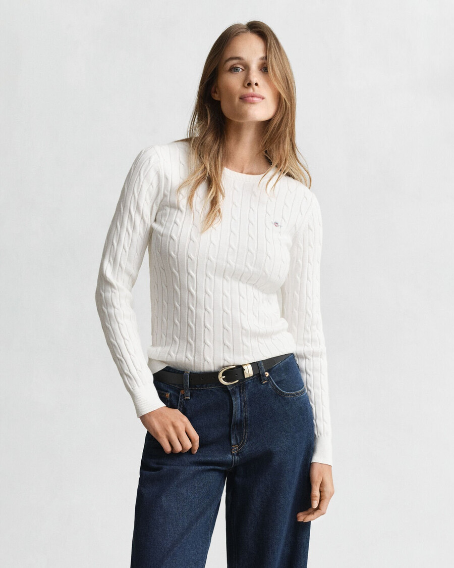 stretch cotton cable knit crew neck sweater - eggshell