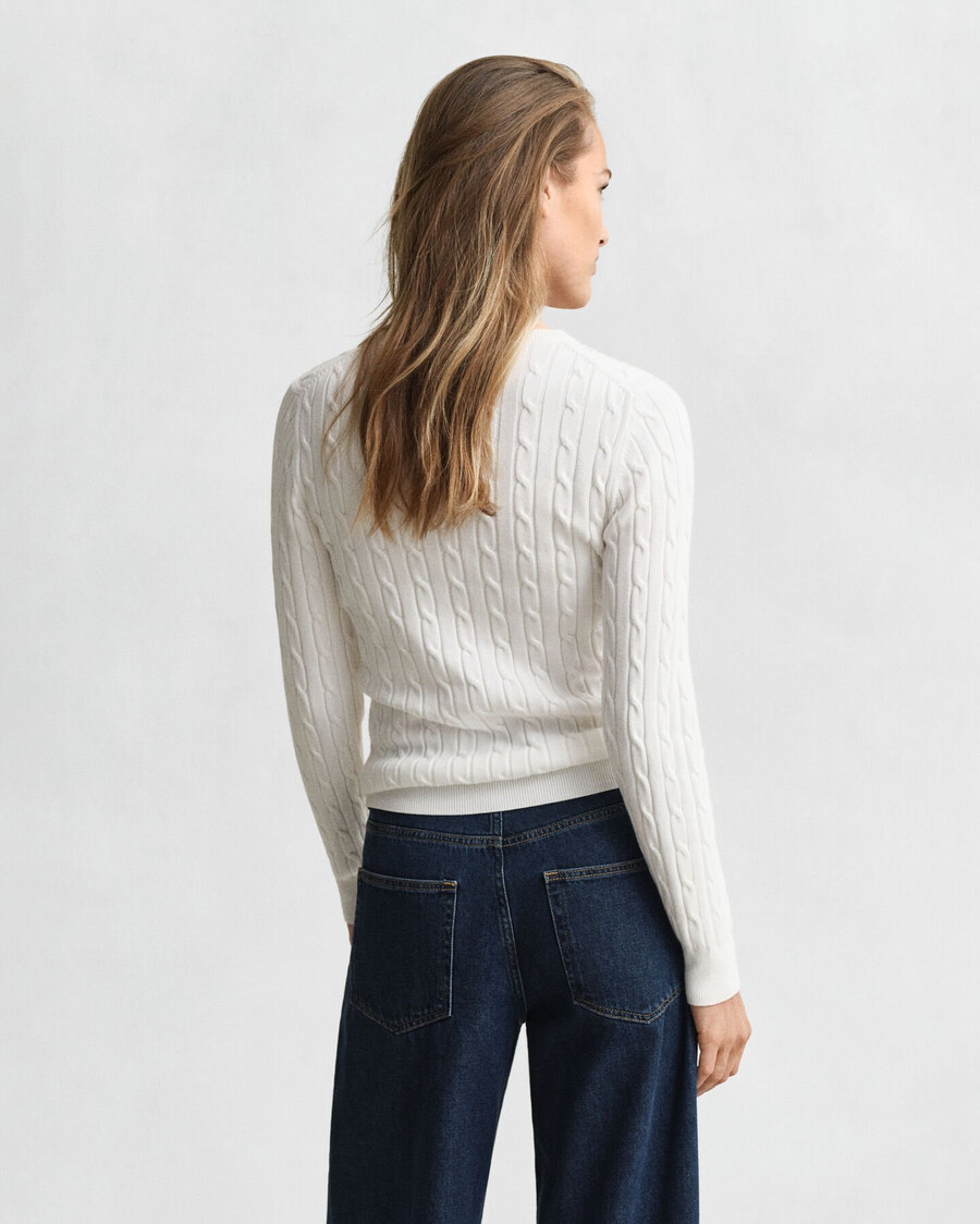stretch cotton cable knit crew neck sweater - eggshell