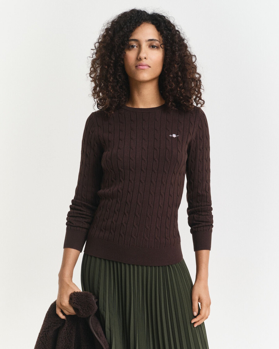 stretch cotton cable knit crew neck sweater - deep brown