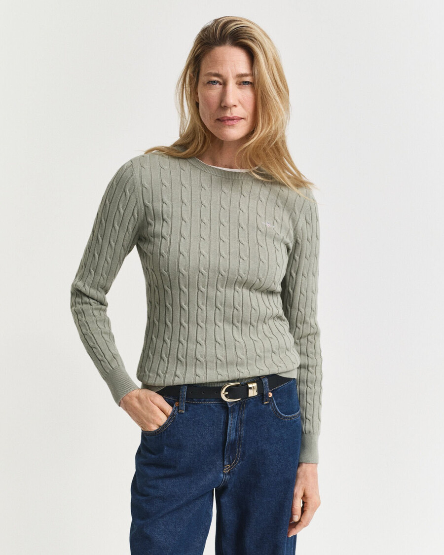 stretch cotton cable knit crew neck sweater - faded sage