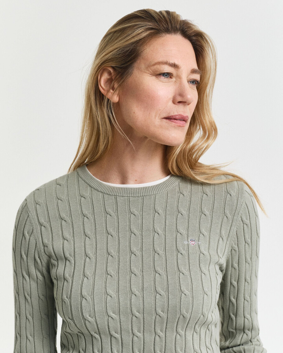 stretch cotton cable knit crew neck sweater - faded sage