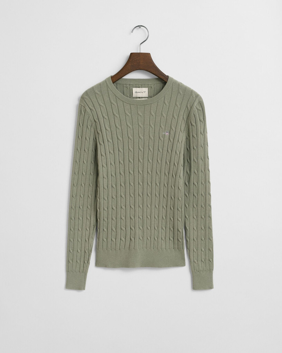 stretch cotton cable knit crew neck sweater - faded sage