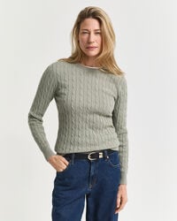 stretch cotton cable knit crew neck sweater - faded sage
