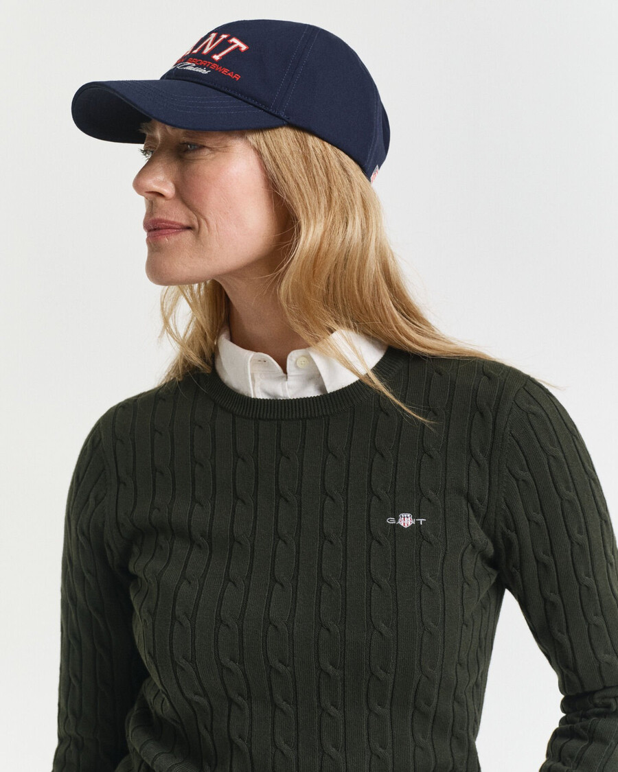 stretch cotton cable knit crew neck sweater - dark moss green