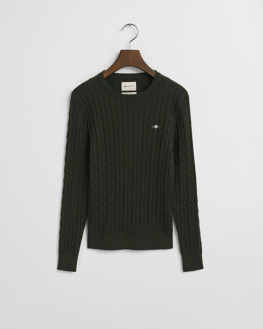 stretch cotton cable knit crew neck sweater - dark moss green