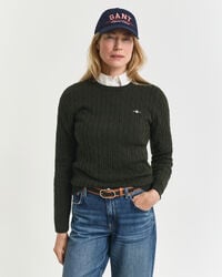 stretch cotton cable knit crew neck sweater - dark moss green