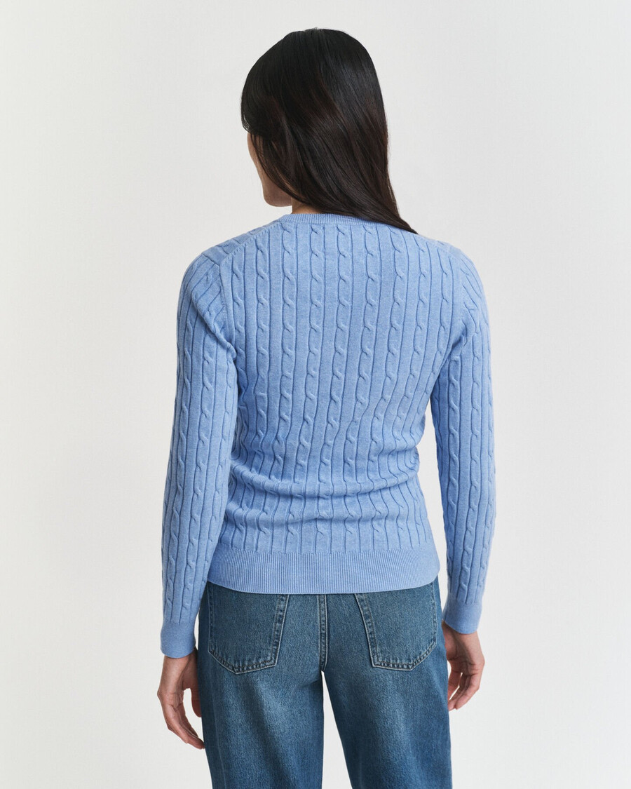 stretch cotton cable knit crew neck sweater - clear sky