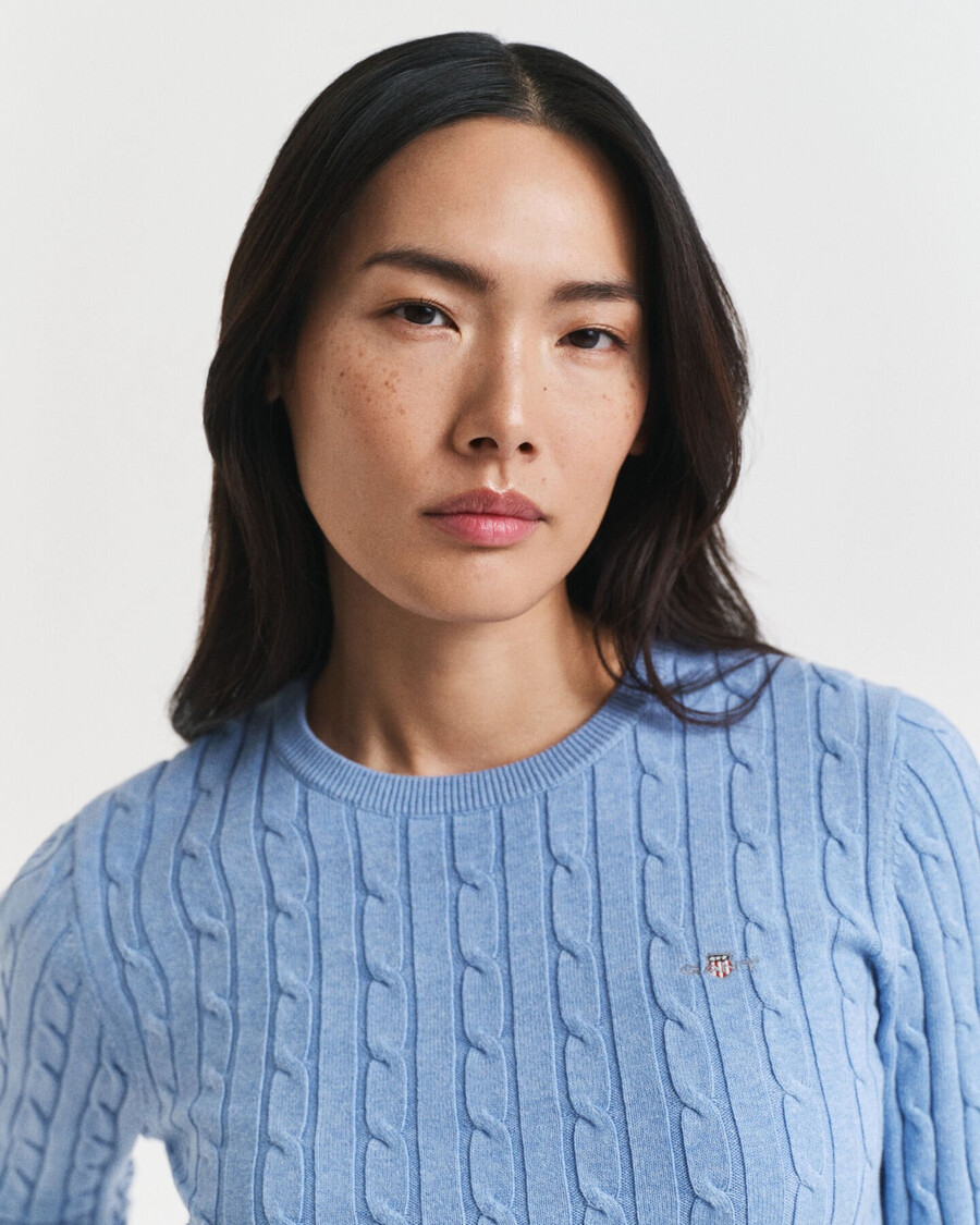 stretch cotton cable knit crew neck sweater - clear sky