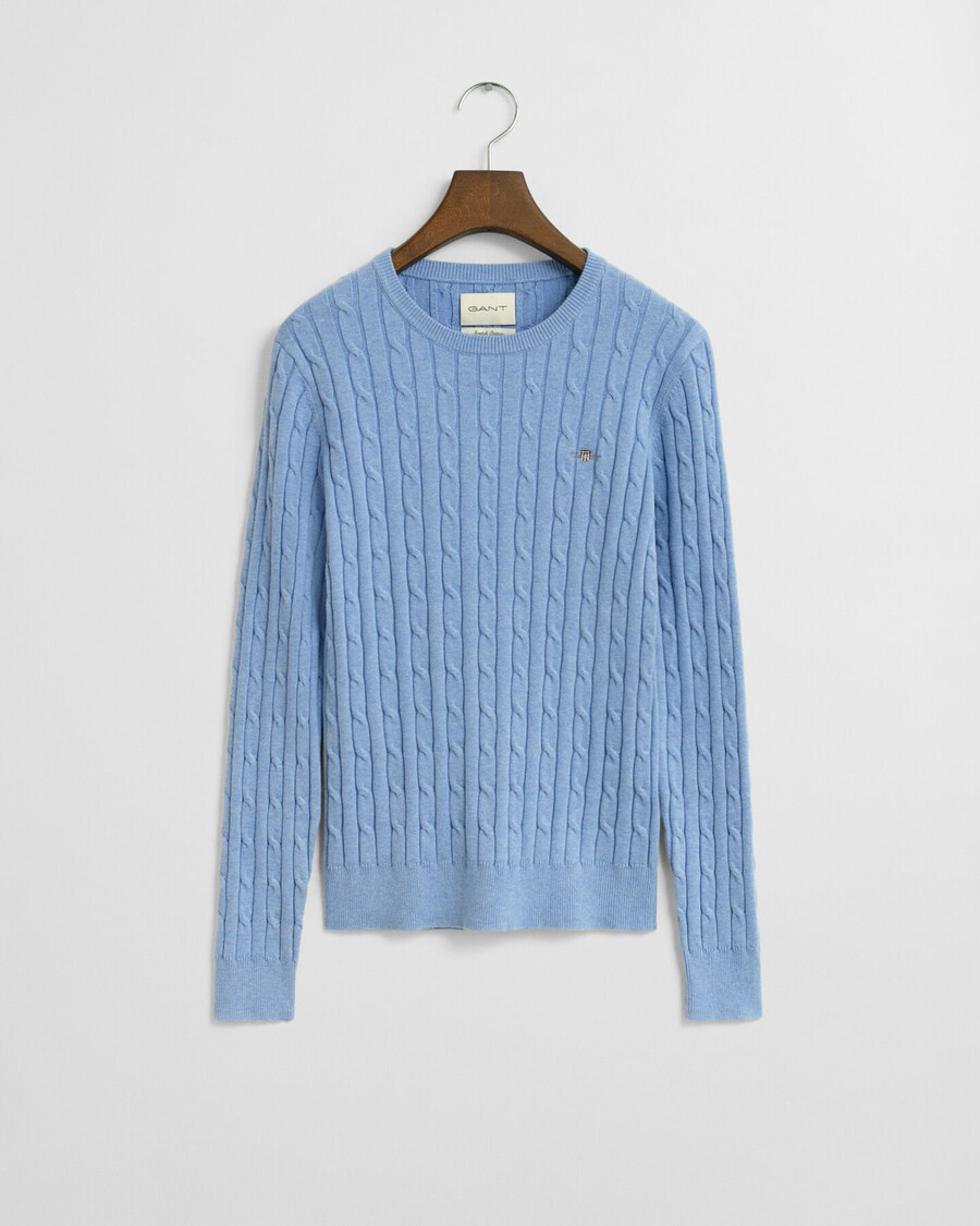 stretch cotton cable knit crew neck sweater - clear sky
