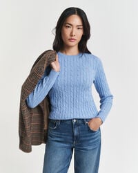 stretch cotton cable knit crew neck sweater - clear sky