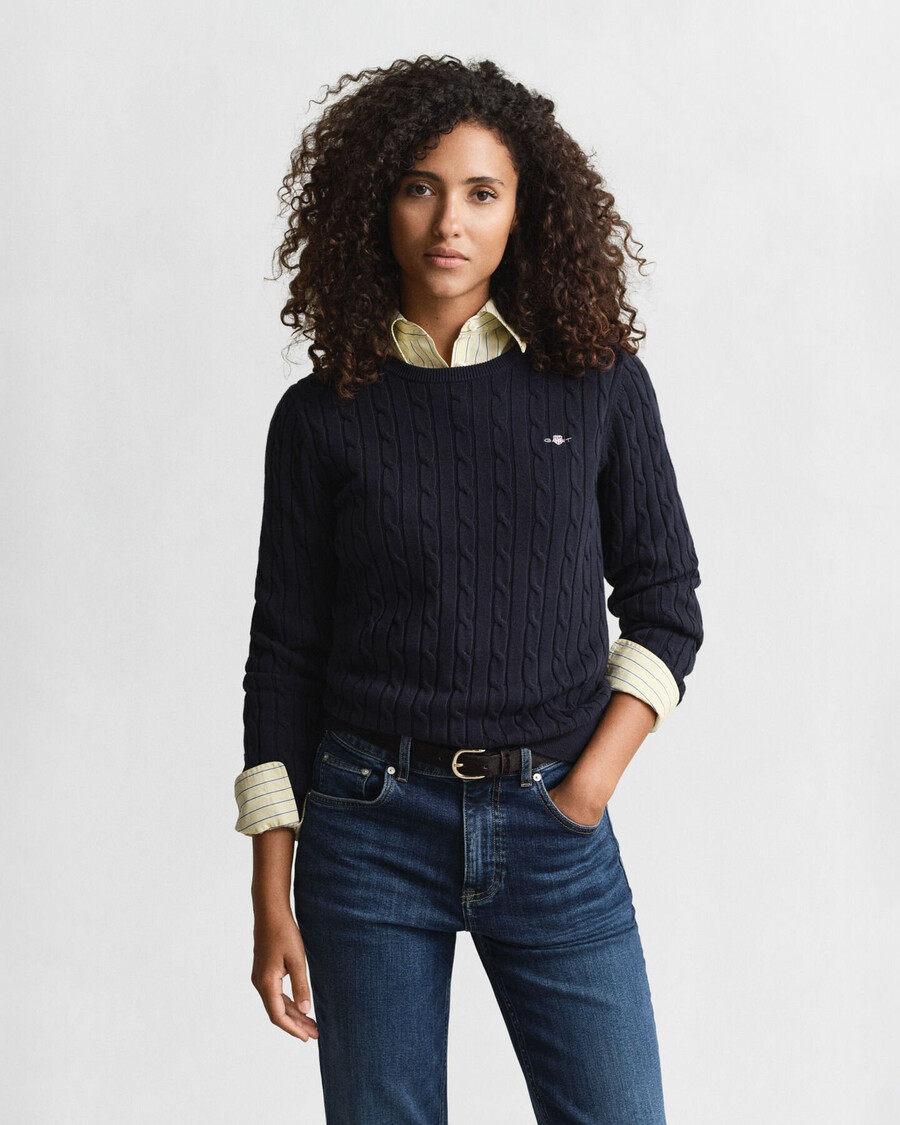 stretch cotton cable knit crew neck sweater - evening blue