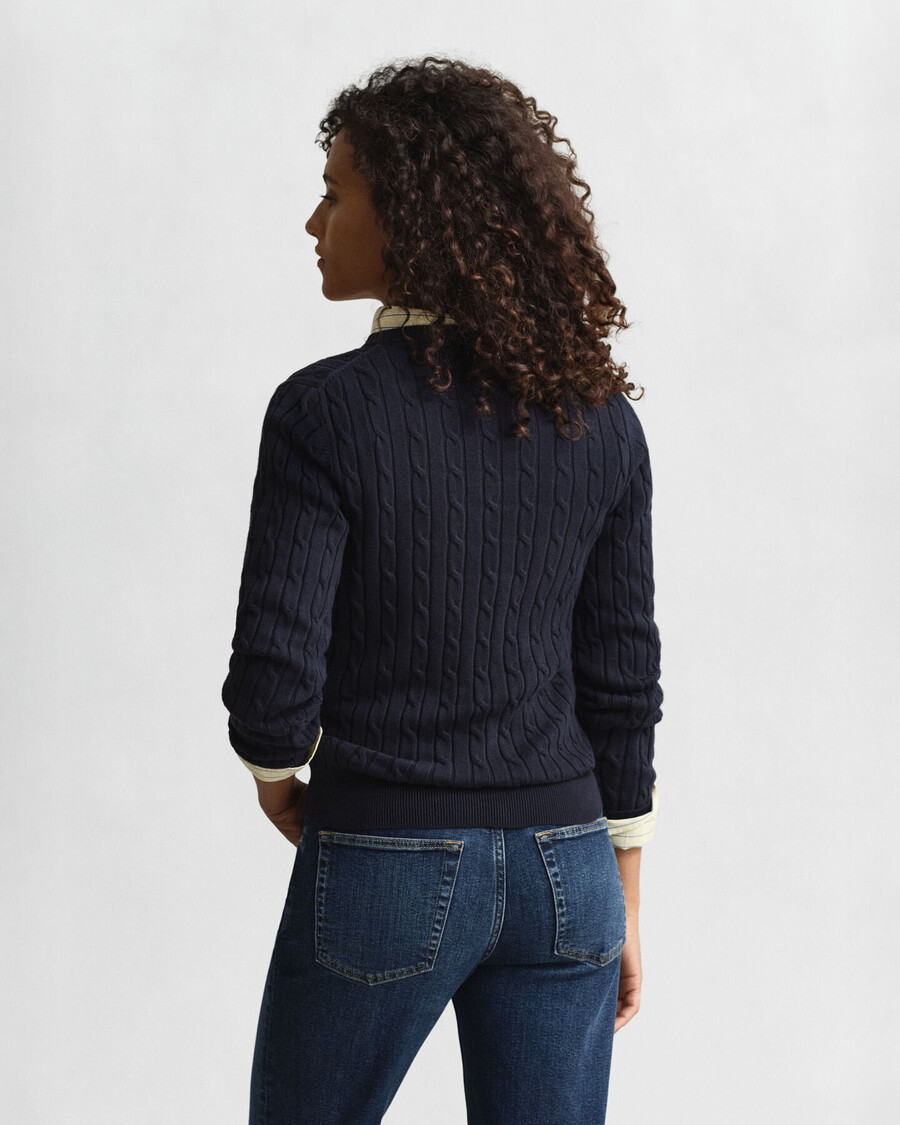 stretch cotton cable knit crew neck sweater - evening blue