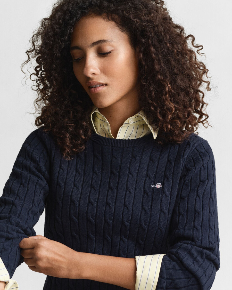 stretch cotton cable knit crew neck sweater - evening blue